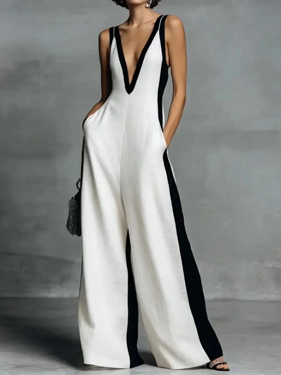 Women's Color Block V Neck Jumpsuit, Sleeveless Wide Leg Romper With Pockets for Party Work Date