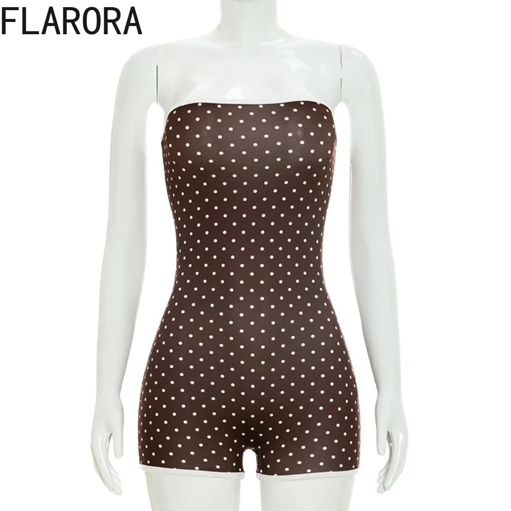 FLARORA Sexy Polka Dot Print Rompers Woman Off Shoulder Sleeveless Backless Skinny Peach Hip Playsuits Hottie Trend Streetwear