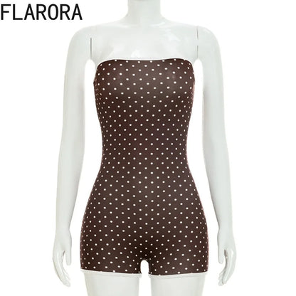 FLARORA Sexy Polka Dot Print Rompers Woman Off Shoulder Sleeveless Backless Skinny Peach Hip Playsuits Hottie Trend Streetwear