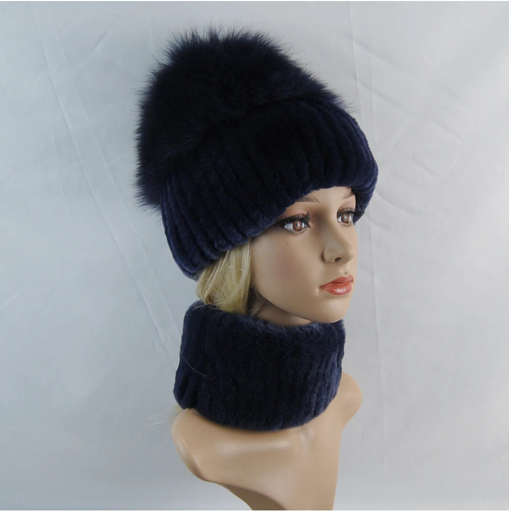 New Winter Lady Brand Hand Make Real Genuine Fox Fur Hat Scarf Girls Natural Real Rex Rabbit Fur Ring Cap Real Fur Scarves Hats
