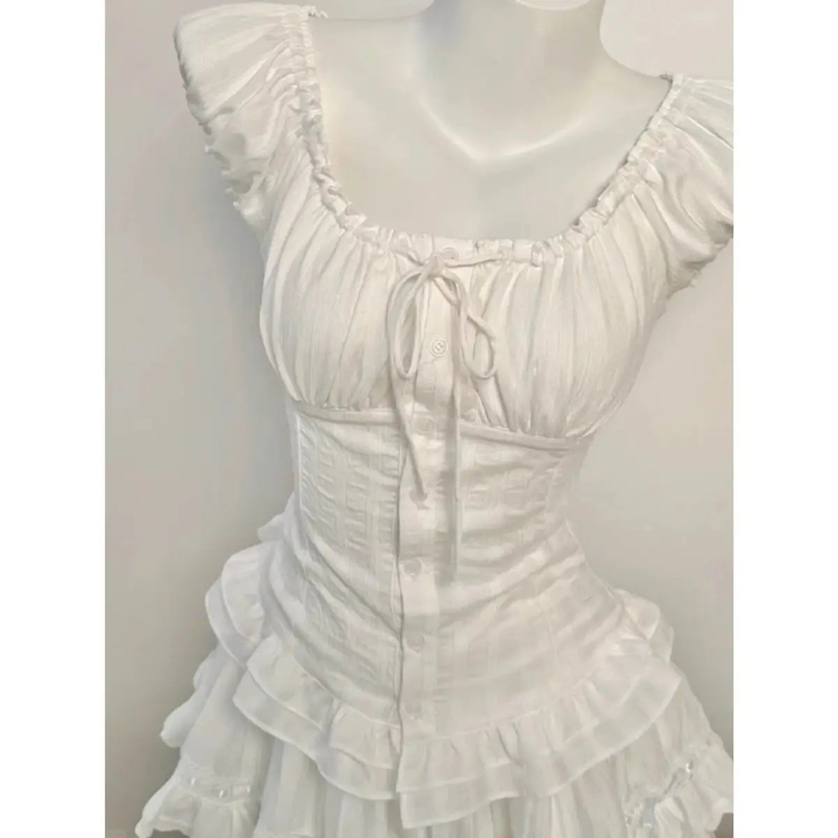 Deeptown Elegant Sweet White Blouses Women Sexy Square Collar Bow Crop Tops Vintage French Style Short Sleeve Ruffle Shirts