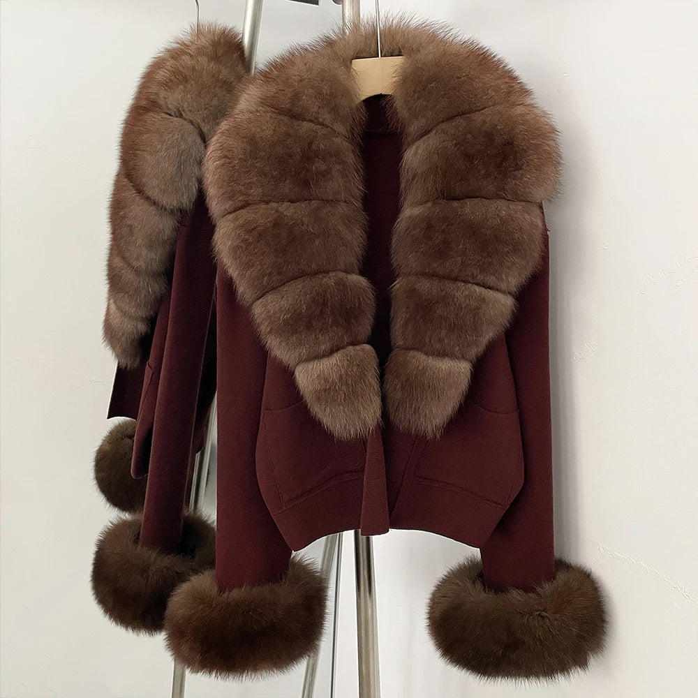 OFTBUY Loose Fit Warm Winter Fashion Lady Outerwear Sweater Female 2025 New Women's Knit Cardigan with Large Real Fox Fur Collar