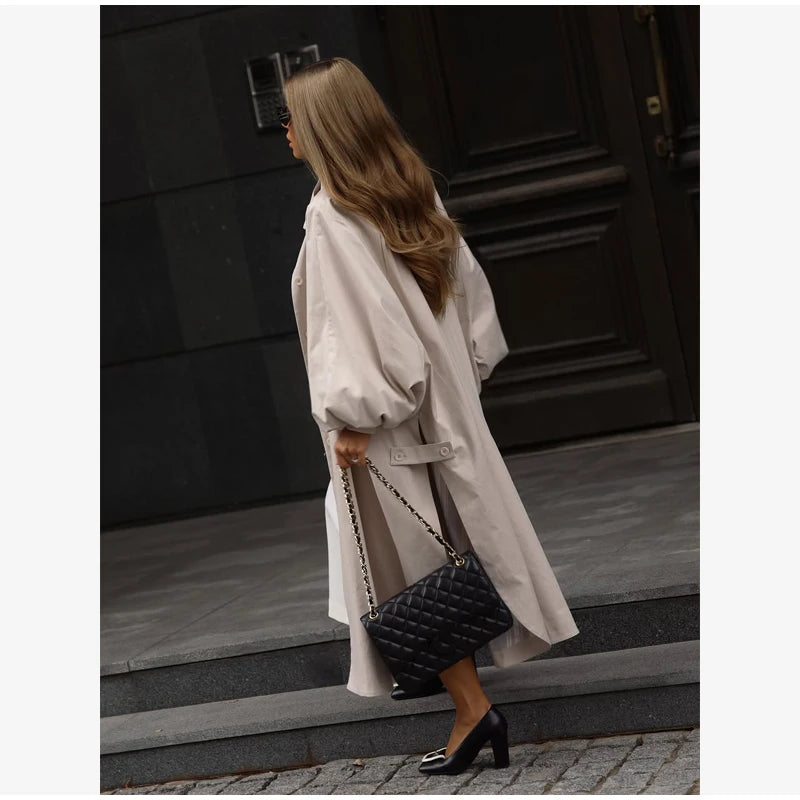Women's Brown Stand Up Collar Long Long Trench Coat  Lantern Sleeve Side Slit Loose Windbreaker 2026 Spring Autumn Fashion Coat