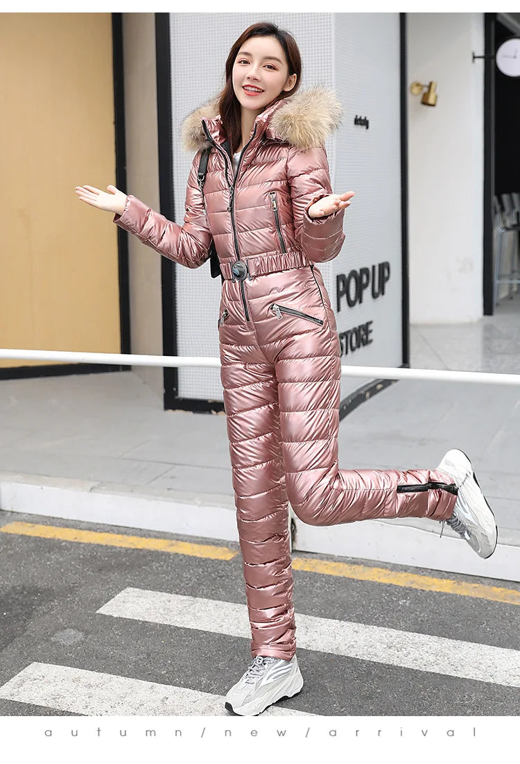 Jumpsuits One Piece Ski Suit Winter Thicken Snow Place Down Cotton Women Suits Warm Hooded Waist Slim Shiny Outdoor Sports