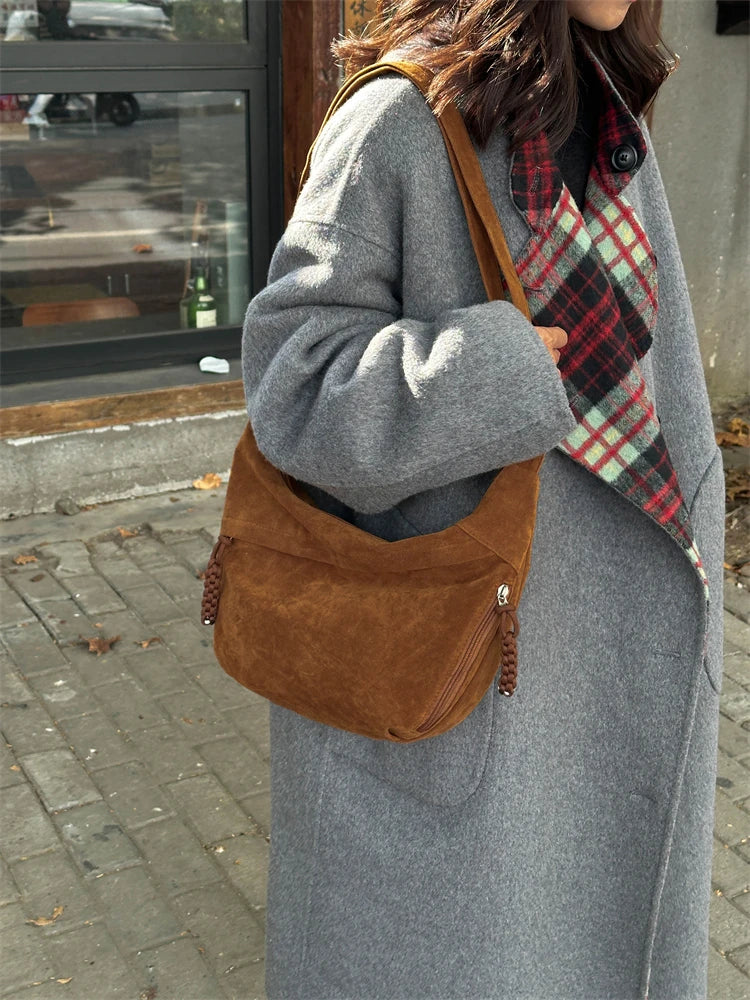 Retro Crossbody Messenger Bags For Women Faux Suede Pure Color Big Capacity Shoulder Hobo Bag 2025 Winter Latest Ladies Handbags