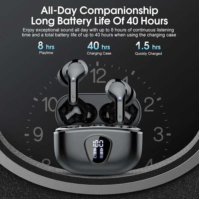 New Wireless Earbuds HiFi Stereo Headphones BT5.3 with ENC Noise Cancelling 48H LED Display Ear Buds IP7 Waterproof Earphones