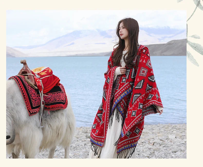 GypsyLady Bohemian Vintage Chic Cloaks Capes Hooded Blue Women Autumn Warm Knitted Ethnic Capes Tassels Cloak Poncho Outwear New