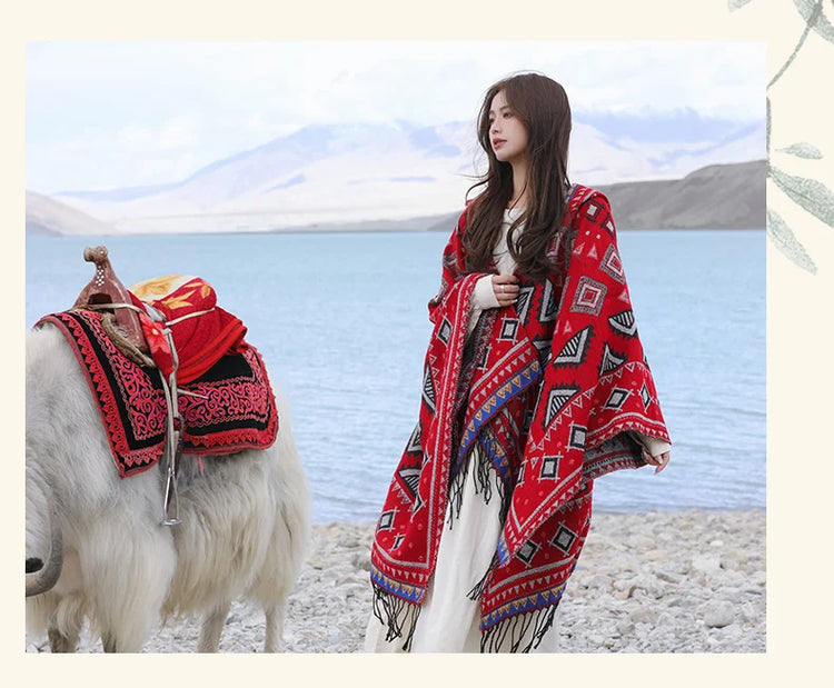 GypsyLady Bohemian Vintage Chic Cloaks Capes Hooded Blue Women Autumn Warm Knitted Ethnic Capes Tassels Cloak Poncho Outwear New