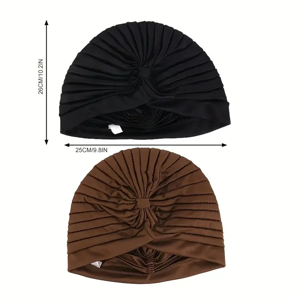 2pcsWomen's Pleated Knot Turban Hat, Soft Stretchy Beanie Cap for Chemo Hair Loss, Muslim Hijab Headwrap, Fashion Daily Headwear