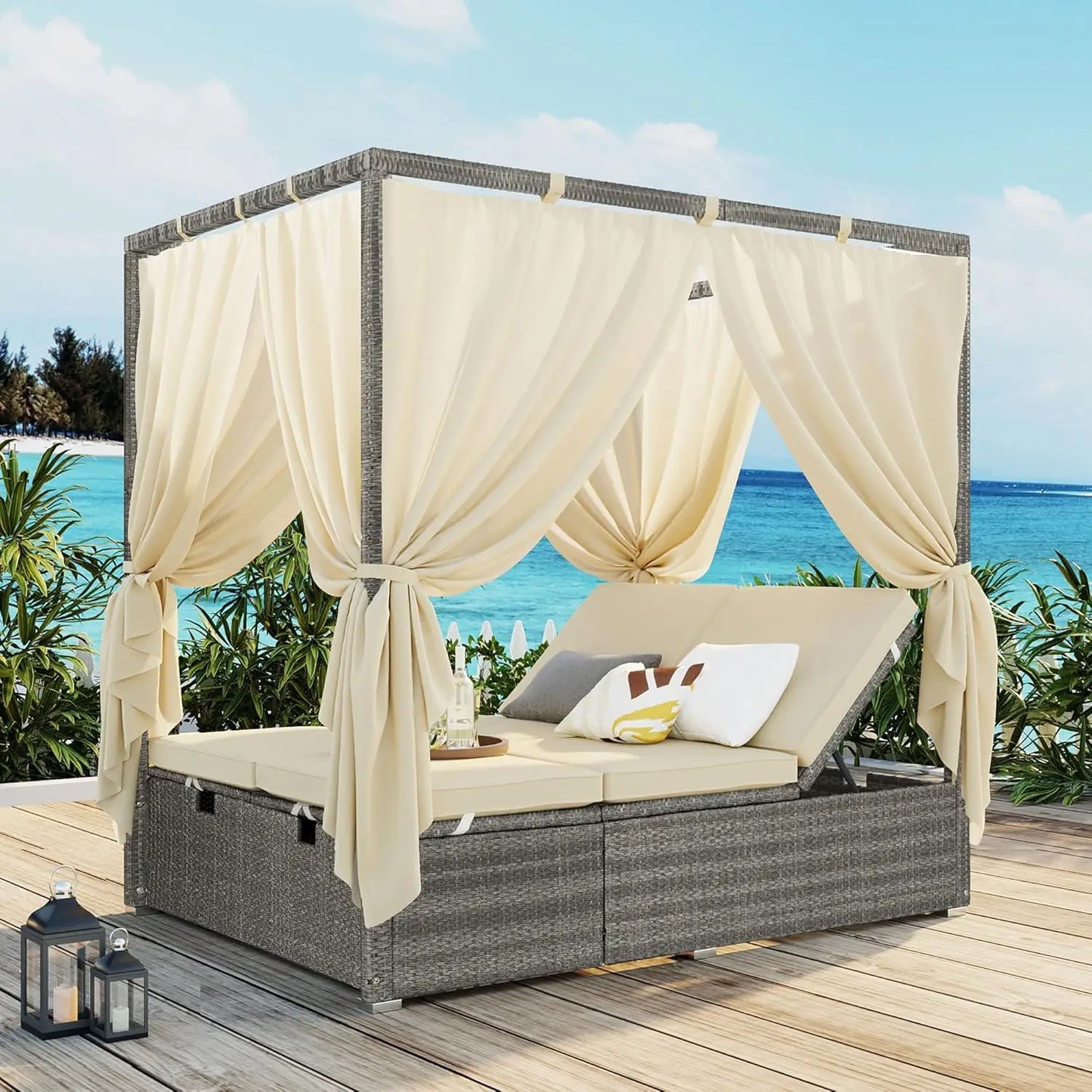 Patio Chaise Lounge, PE Rattan Outdoor Patio Wicker Sunbed Daybed with Adjustable Seats, Four-sided Canopy,, Customized