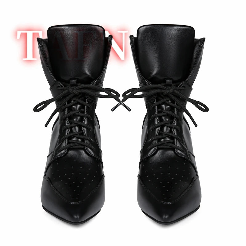 Women's Stitching Lace-Up Short Boots Pointed Toe Stiletto Breathable Casual Party Sports Boots High-heeled Plus Size Shoes 47