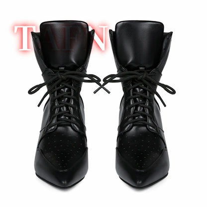 Women's Stitching Lace-Up Short Boots Pointed Toe Stiletto Breathable Casual Party Sports Boots High-heeled Plus Size Shoes 47