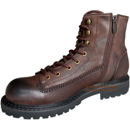 Vintage Thick-Soled Zipper Boots for Men Genuine Leather High-Top Brown Leather Trendy Handmade British Style Men's Boots