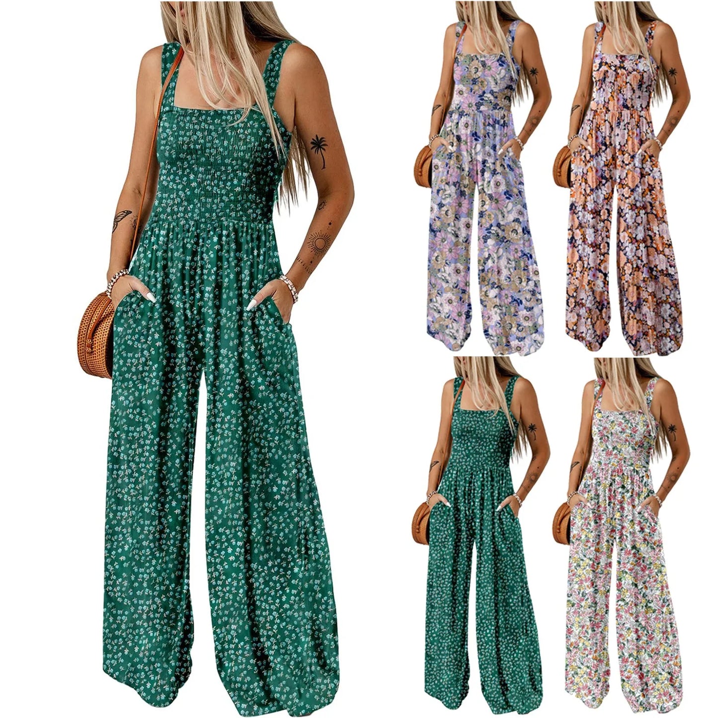 Summer Sexy Sling Jumpsuits Women'S Fashion Printed Loose Pencil Pants Casual Streetwear Elegant Party Female Spaghetti Rompers