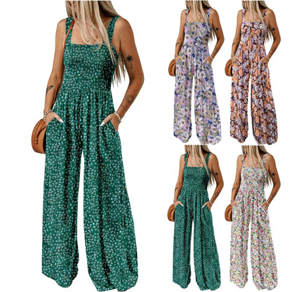 Summer Sexy Sling Jumpsuits Women'S Fashion Printed Loose Pencil Pants Casual Streetwear Elegant Party Female Spaghetti Rompers