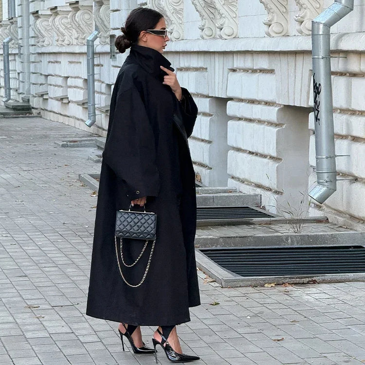 Black Stand Collar Trench Coat Women Casual Long Sleeve Single-breasted Loose Windbreaker 2026 Lady Autumn High Street Outwear