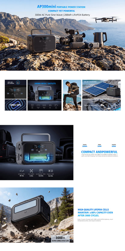 Uapow 288Wh 300W Compact Solar Generator for Home Emergency, Rv Camping, Travel, Camera Gear, Phone and Laptop Charging Kit