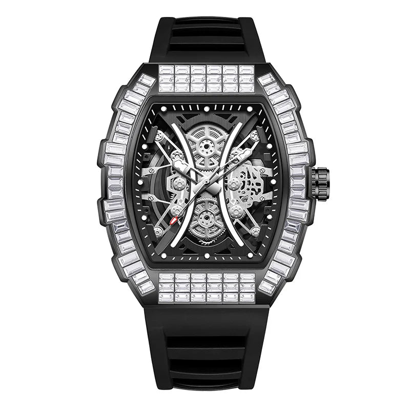 Classic Tonneau Full Diamond Case Quartz Watch Mens Fashion Top Casual Dial Rubber Personalize Watches  AAA Male Clock Relogio