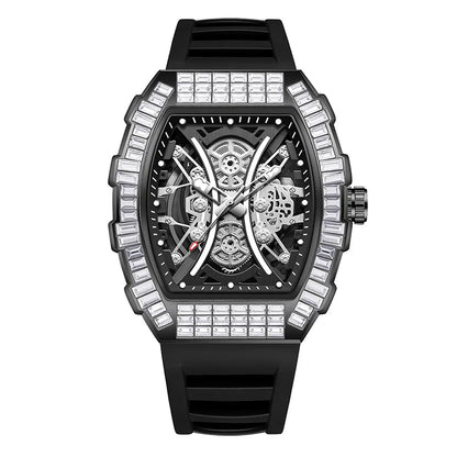 Classic Tonneau Full Diamond Case Quartz Watch Mens Fashion Top Casual Dial Rubber Personalize Watches  AAA Male Clock Relogio