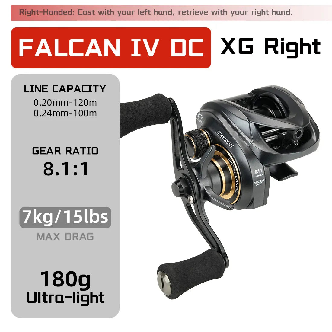 SeaKnight Brand FALCAN IV DC 8.1:1 Series Baitcasting 10+1BB Carbon Fiber Drag System 7kg/15lbs Brass Gear Power Fishing Reel