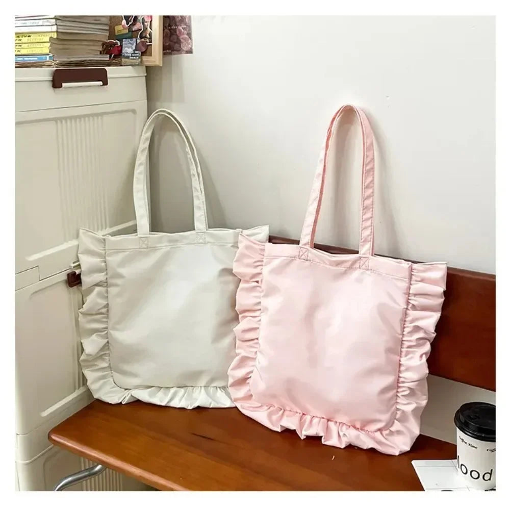 New Elegant Vintage Women Casual Tote Bags French Style Ruffles Shoulder Bag Large Capacity Versatile Handbag