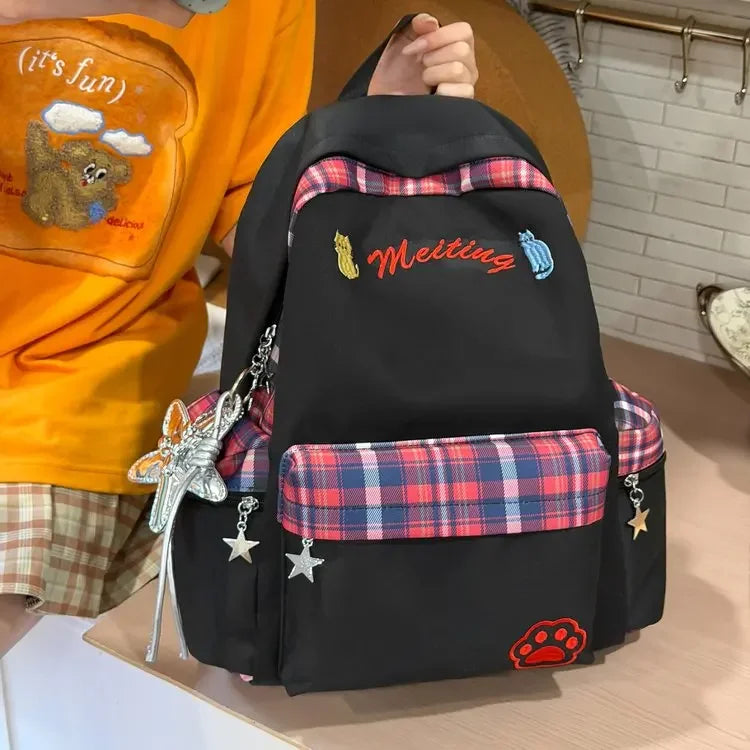 Preppy Style Blue Backpack for Girls, Plaid Spliced School Bag, Cute Nylon Daypack Star Pendant, Large Capacity Student Rucksack