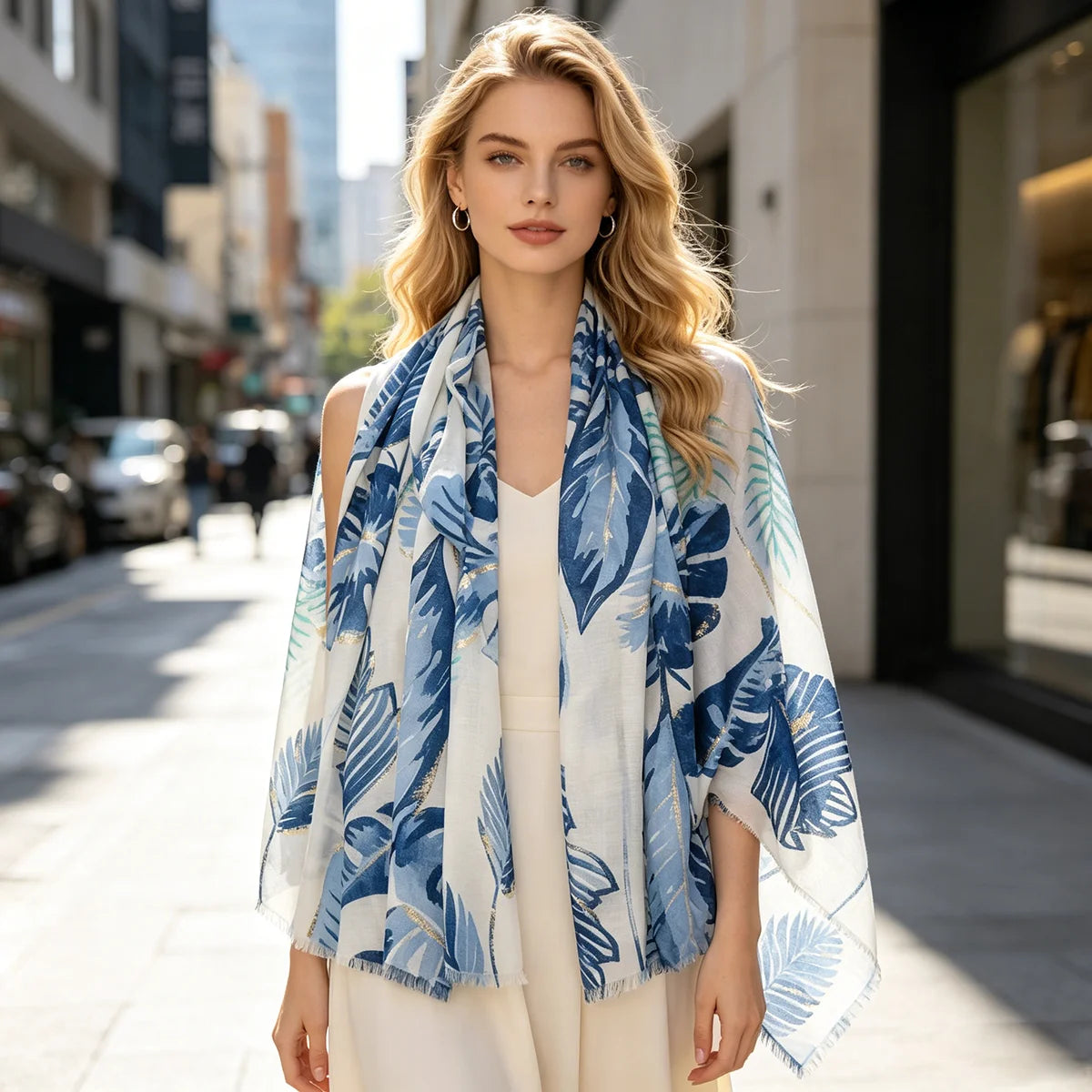 Women's Blue Tropical Leaf Printed Scarf, Lightweight Raw Edge Shawl with Gold Line Decor, 180x88cm Fashion Neck Wrap for Daily
