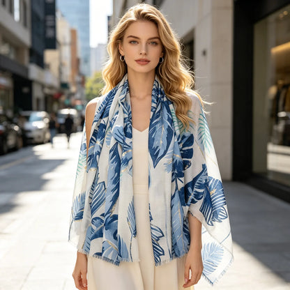 Women's Blue Tropical Leaf Printed Scarf, Lightweight Raw Edge Shawl with Gold Line Decor, 180x88cm Fashion Neck Wrap for Daily