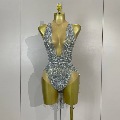 Luxury Sparkly Silver Diamonds Tassel Mesh Sheer Bodysuits Eveing Birthday Party Latin Dancer Bar Nightclub Sexy Stage Costume