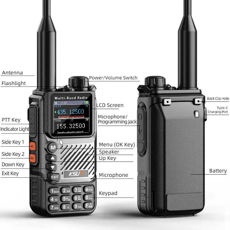 UV60D PLUS 5W Walkie Talkie SOS Alarm NOAA Weather Radio 200CH VHF UHF AM FM Type-C Two Way Radio for EU Outdoor