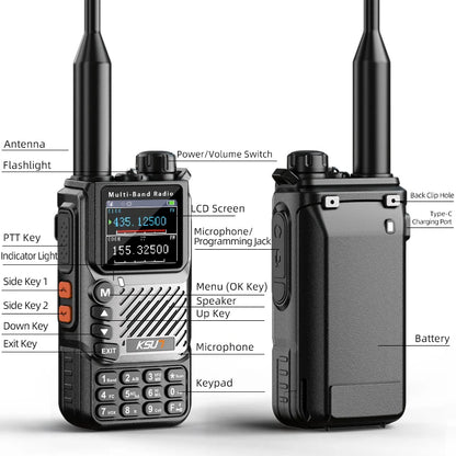 UV60D PLUS 5W Walkie Talkie SOS Alarm NOAA Weather Radio 200CH VHF UHF AM FM Type-C Two Way Radio for EU Outdoor