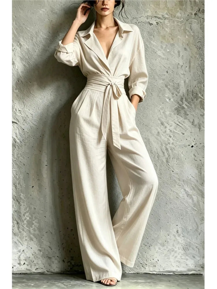 Fashion Lapel Shirt Long Sleeve Women's Jumpsuit Autumn Slim Waist Tie Loose Wide Leg Pants Pocket Female Office Rompers 2026