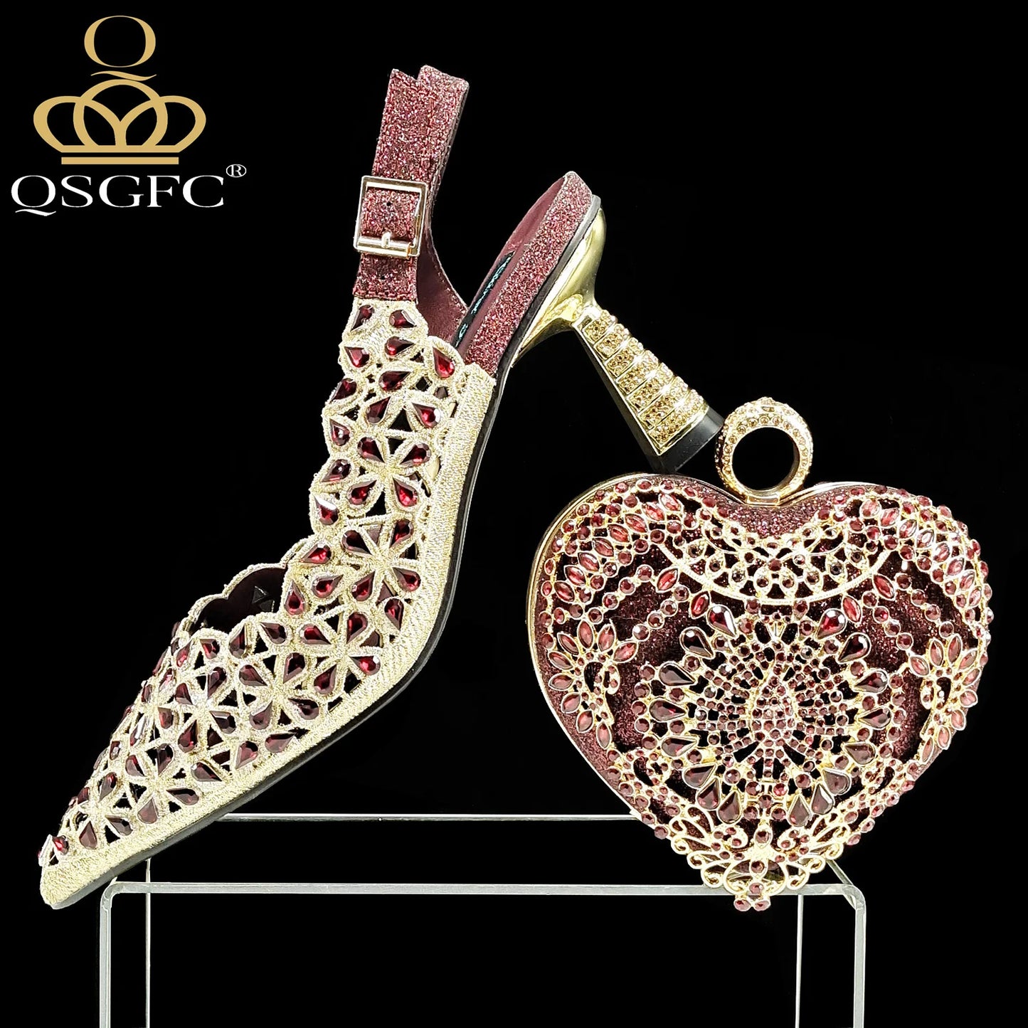 QSGFC Italian Design Rhinestone-encrusted Sex Ladies Shoes And Special Bag High Heels And Heart Shape Gold Mini Bag