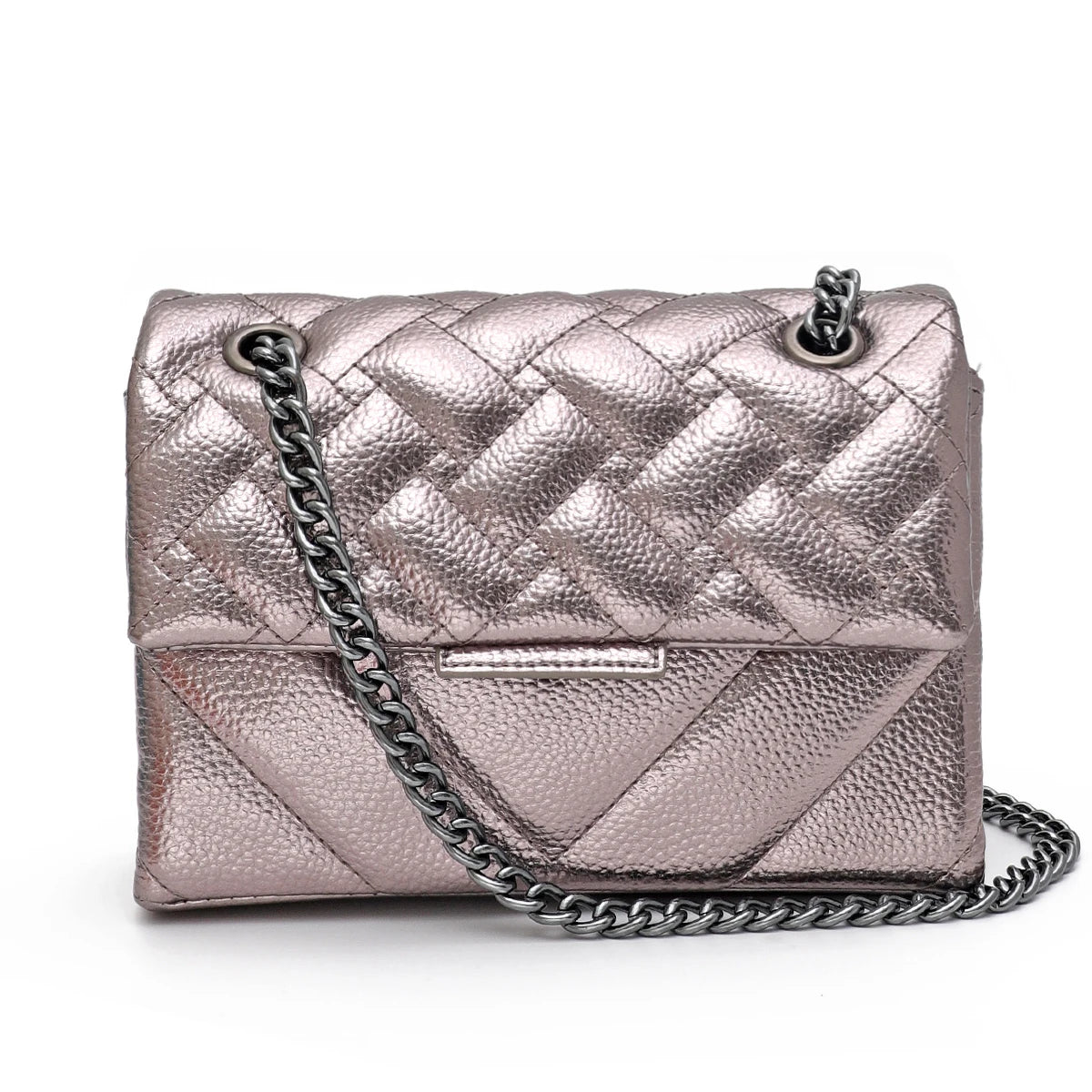 Women Fashion Metallic PU Vegan Leather Handbag Luxury Quilted Flap Messenger Shoulder Bag Long Chain Purse Daily Casual Travel