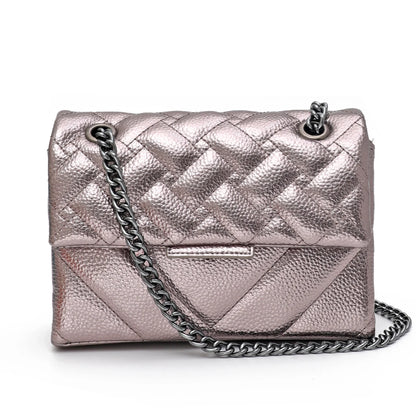 Women Fashion Metallic PU Vegan Leather Handbag Luxury Quilted Flap Messenger Shoulder Bag Long Chain Purse Daily Casual Travel