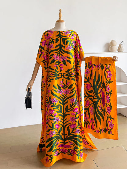 Boho Floral Print Abaya Kaftan Dress With Scarf, Loose Batwing Maxi Dress For Muslim Women Beach Holiday Wear