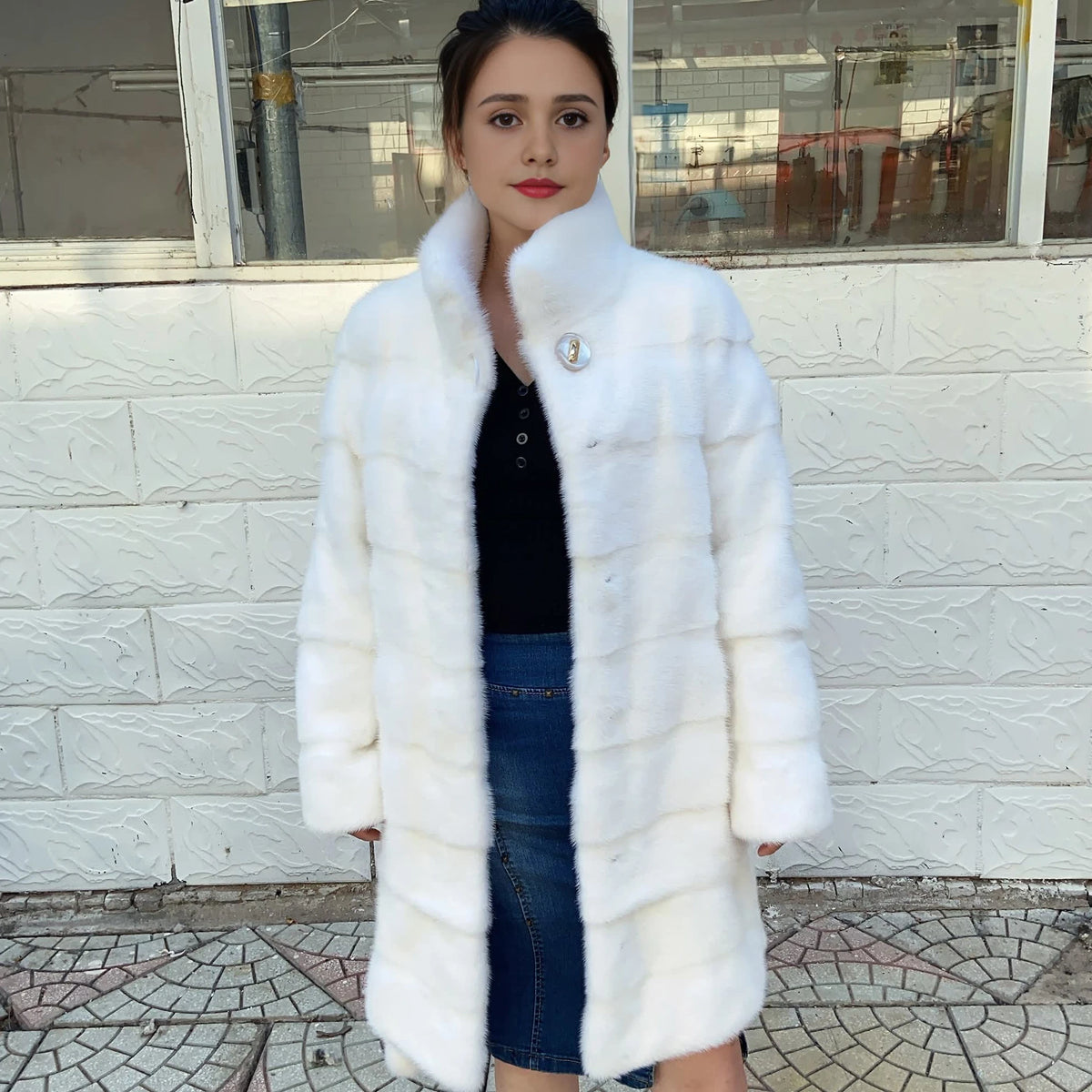 Fancy Rani Real Mink Fur Coat Natural White Women Winter Long Leather Jacket Luxury Female Clothes Mink Fur Coat Women Promotion