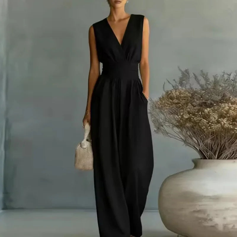 2026 Deep V Neck Women's Jumpsuits Elegant Sleeveless Solid High Waist Rompers Casual Wide Leg Pants Overalls Vacation Outfit