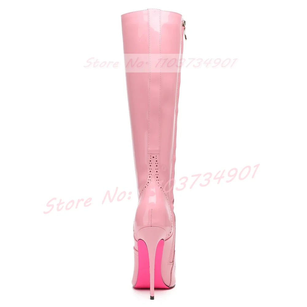 Pink Sole Zipper Knee Length Boots Women Sexy Nightclub Lace Up Pointy Toe High Heels Boots Lady Party Nifty Punk Fashion Shoes