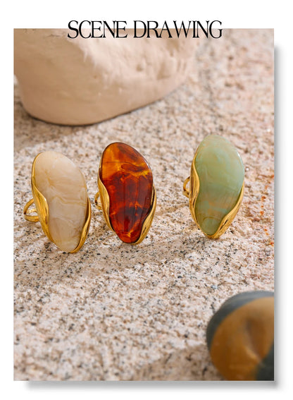 Yhpup New Design Brown Green Beige Resin Geometric Adjustable Ring Golden PVD Stainless Steel Rust Proof Finger Jewelry Gift