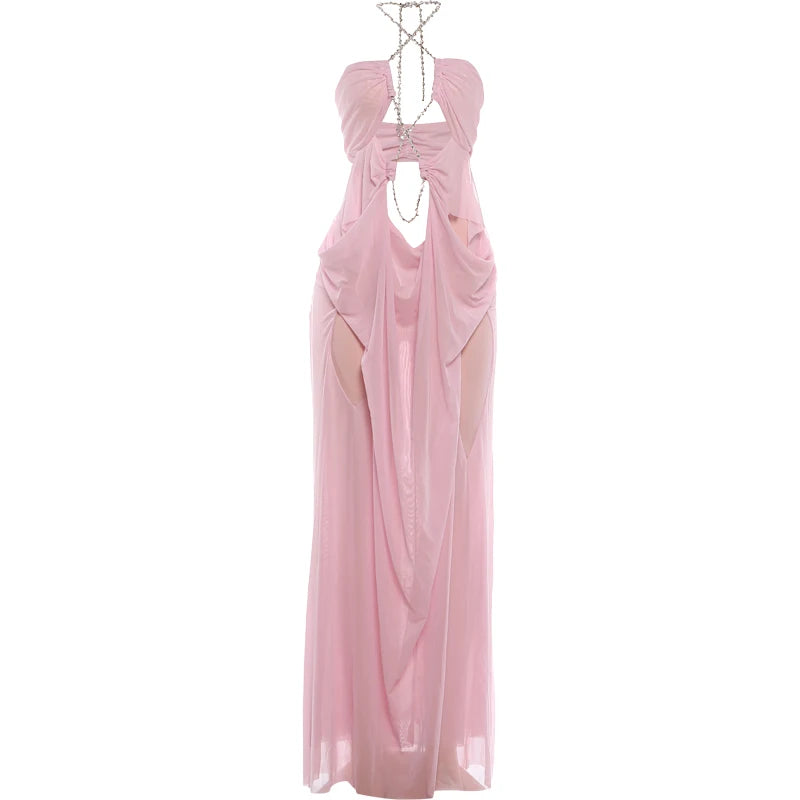 Nibber Prom Party Gown Dress Woman Sexy See Through Luxury Chain Halter Low-Neck Backless Sleeveless Midnight Elegant Vestidos