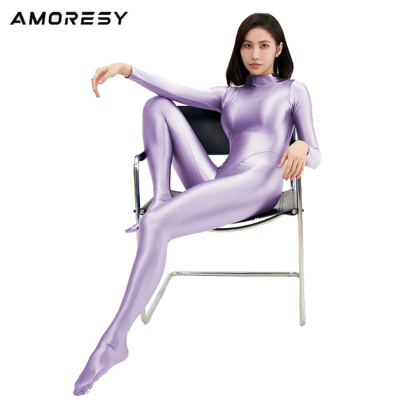 AMORESY Shiny Glitter Diving Surfing Swimwear One-piece Back Zipper Overall Zentai Jumpsuit Sport Gym Bodysuit Catsuit Playsuit