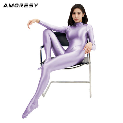 AMORESY Shiny Glitter Diving Surfing Swimwear One-piece Back Zipper Overall Zentai Jumpsuit Sport Gym Bodysuit Catsuit Playsuit