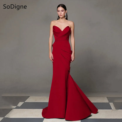 SoDigne Elegant Red Evening Dresses Strapless Sleeveless Pleats Party Dress Simple Mermaid Floor-Length Prom Gowns Customized