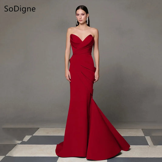 SoDigne Elegant Red Evening Dresses Strapless Sleeveless Pleats Party Dress Simple Mermaid Floor-Length Prom Gowns Customized