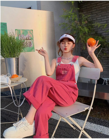 Vintage Pink Denim Overalls Adjustable Strap Wide Leg Jumpsuit Y2K Cute Campus Casual Pants