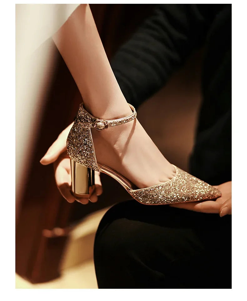Luxury Silver Gold Sandals Women Summer Pointed Elegant Crystal High Heels Ladies Flip Flop Sequined Party Banquet Wedding Shoes