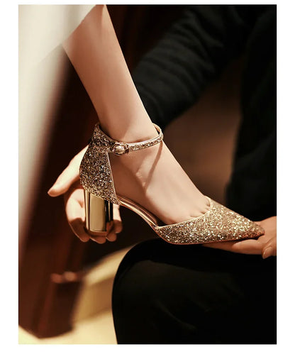 Luxury Silver Gold Sandals Women Summer Pointed Elegant Crystal High Heels Ladies Flip Flop Sequined Party Banquet Wedding Shoes