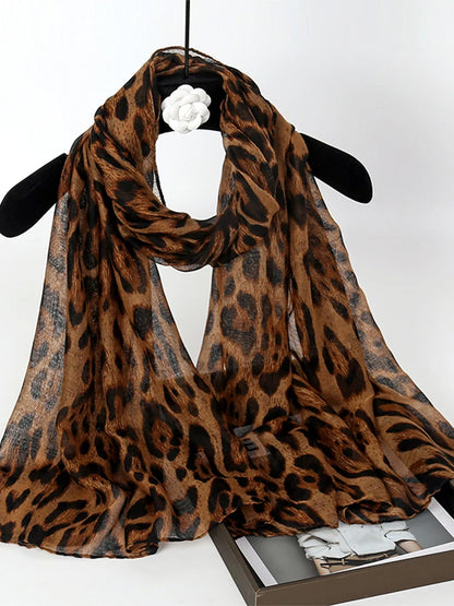 2025 New Vintage Voile Scarf Leopard Print Hijab for Women Lightweight Sunscreen Head Wrap Beach Cover-Up Windproof Travel Scarf
