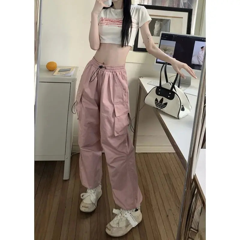 American High Street Summer Loose Straight Parachute Pants Men Solid Elastic Waist Pocket Casual Motion Wide Leg Cargo Trousers